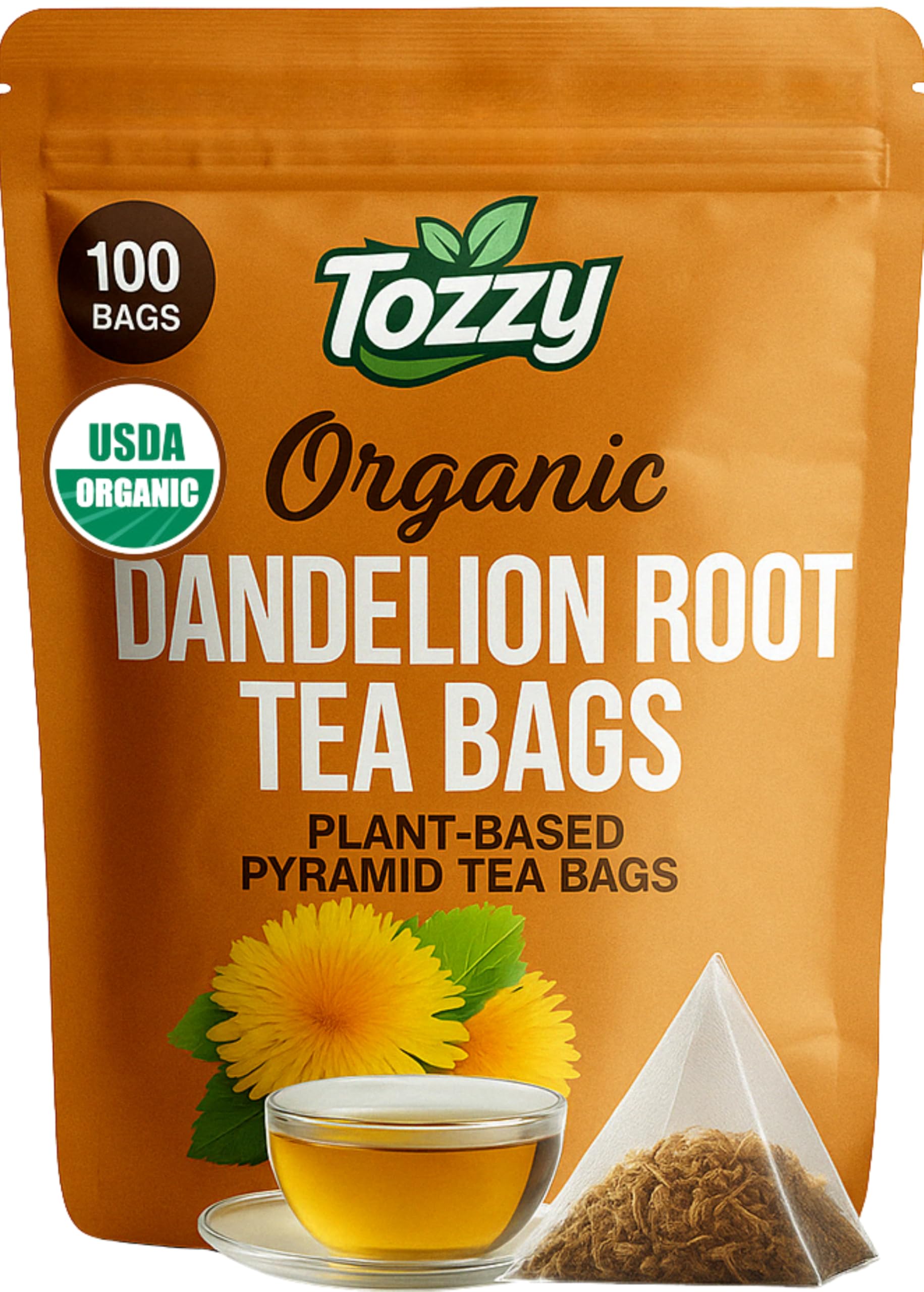 Tozzy Organic Dandelion Root Tea - 100 Count  Plant-Based Pyramid Tea Bags