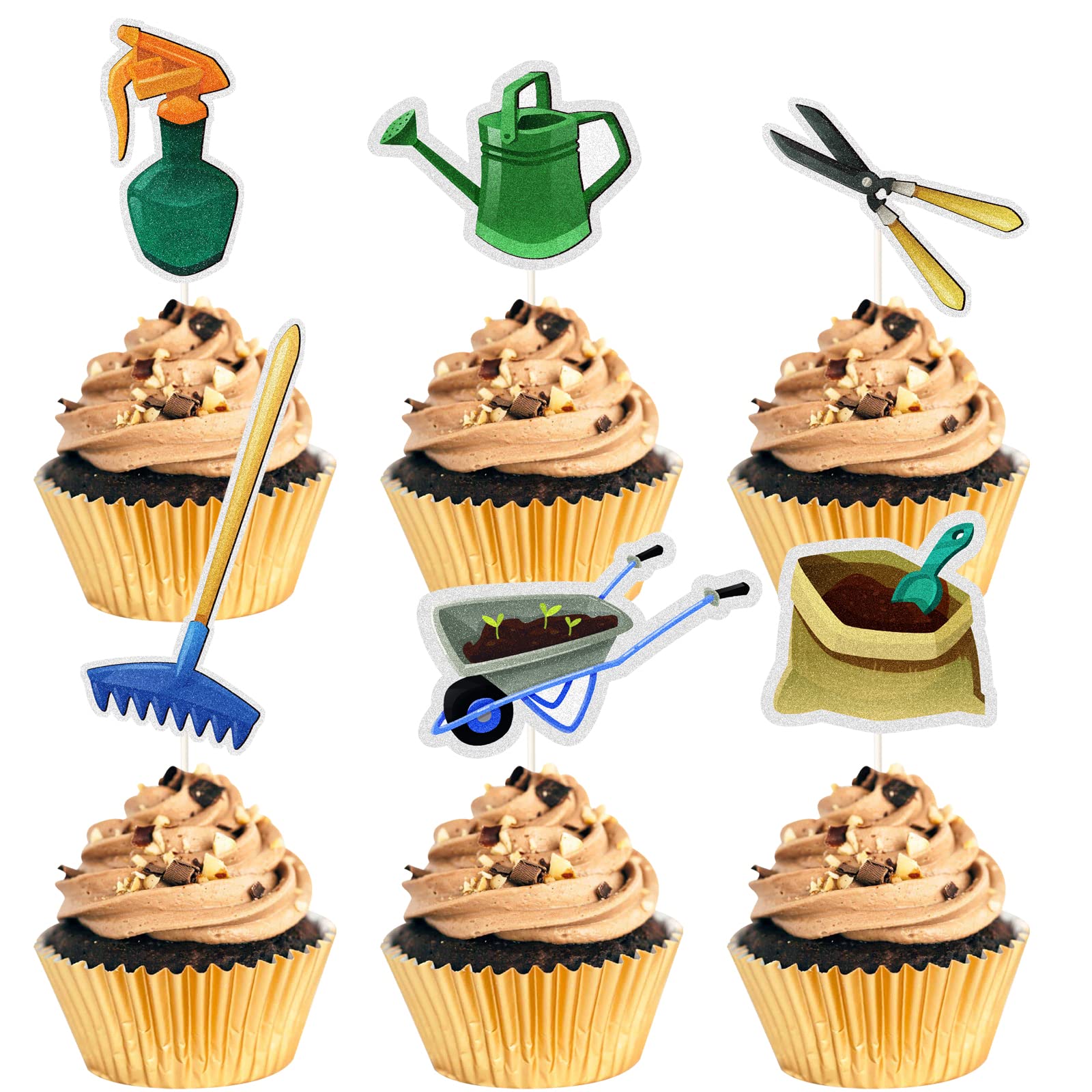 Mefeng 18Pcs Garden Theme Cupcake Topper, Gardening Tool Summer Party Dessert Cupcake Decorations - Spring Theme Party Decor -Fo