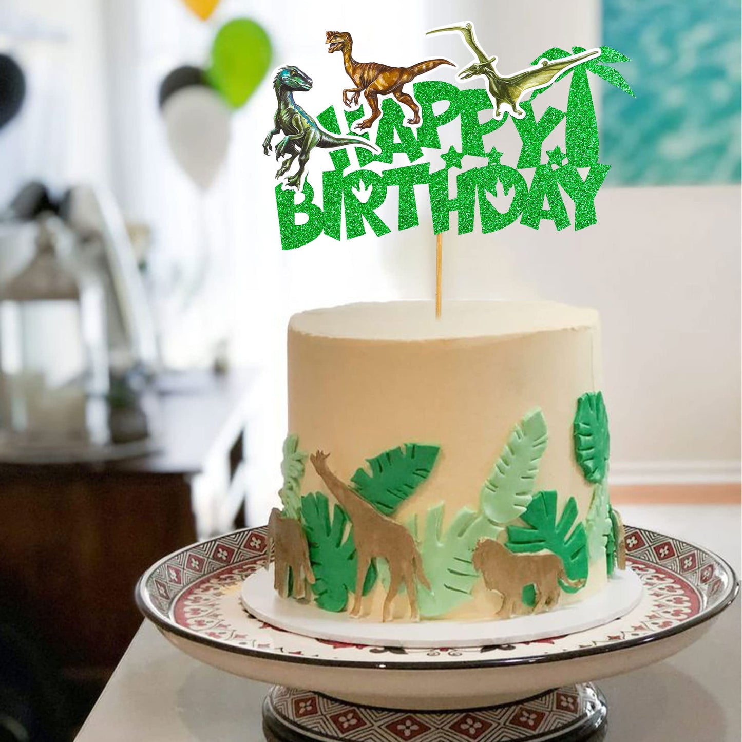 Gyufise 1Pcs Dinosaur Happy Birthday Cake Topper Glitter Dinosaur Cake Pick For Dino Theme Baby Shower Kids Boys Girls Birthday