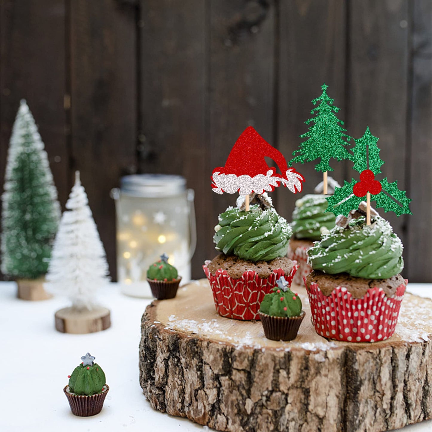 24 Pcs Christmas Holly Leaves And Berries Cupcake Toppers Glitter Santa Hat Christmas Tree Cupcake Picks Winter Merry Christmas Theme Birthday Party Cake Decorations Supplies