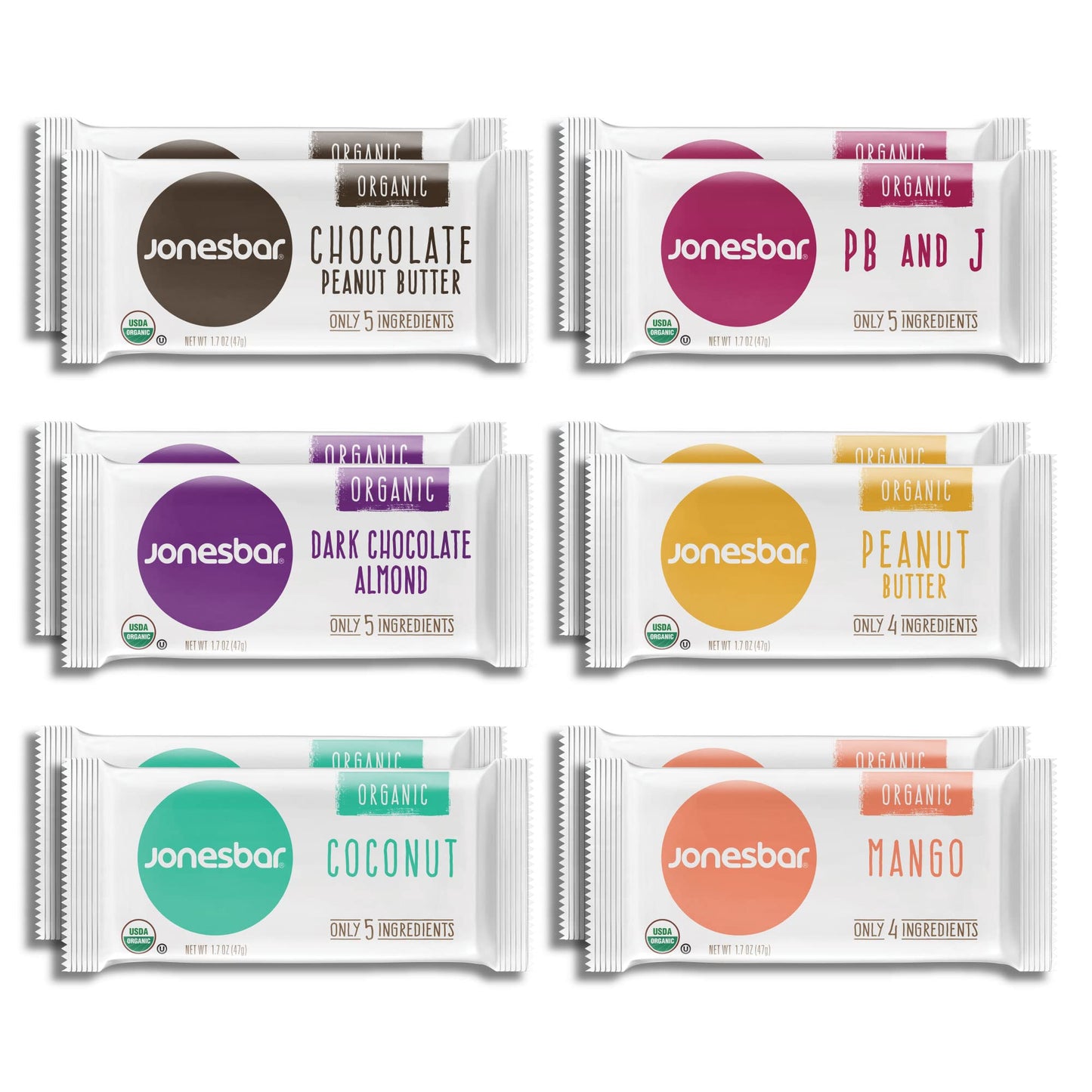 JONESBAR Organic Plant Based Protein Bars | 6 Flavor Variety Pack | Fruit & Nut Bar, Kosher, Gluten Free, Breakfast Bars, School