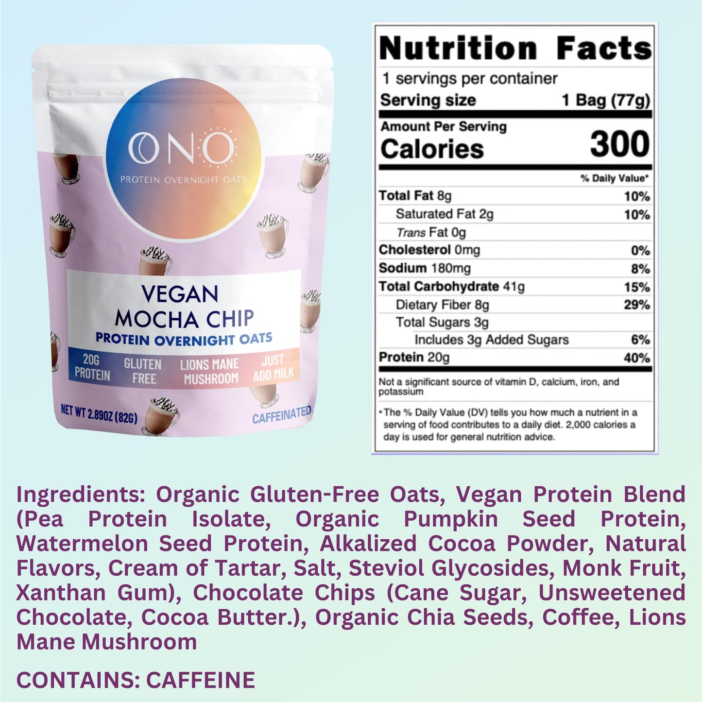 Ono Overnight Oats - Vegan Mocha Chip Protein Oatmeal (6 Pack)- 20G Vegan Protein Powder, High Fiber, Low Sugar, Organic Gluten-