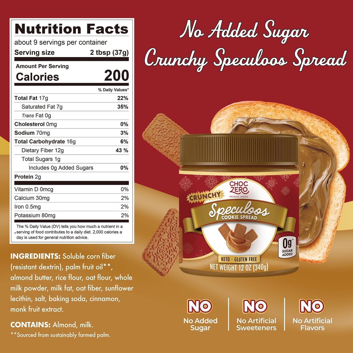Choczero Speculoos Cookie Butter Spread, Crunchy, No Added Sugar, Low Carb, Naturally Sweetened With Monk Fruit, 12Oz
