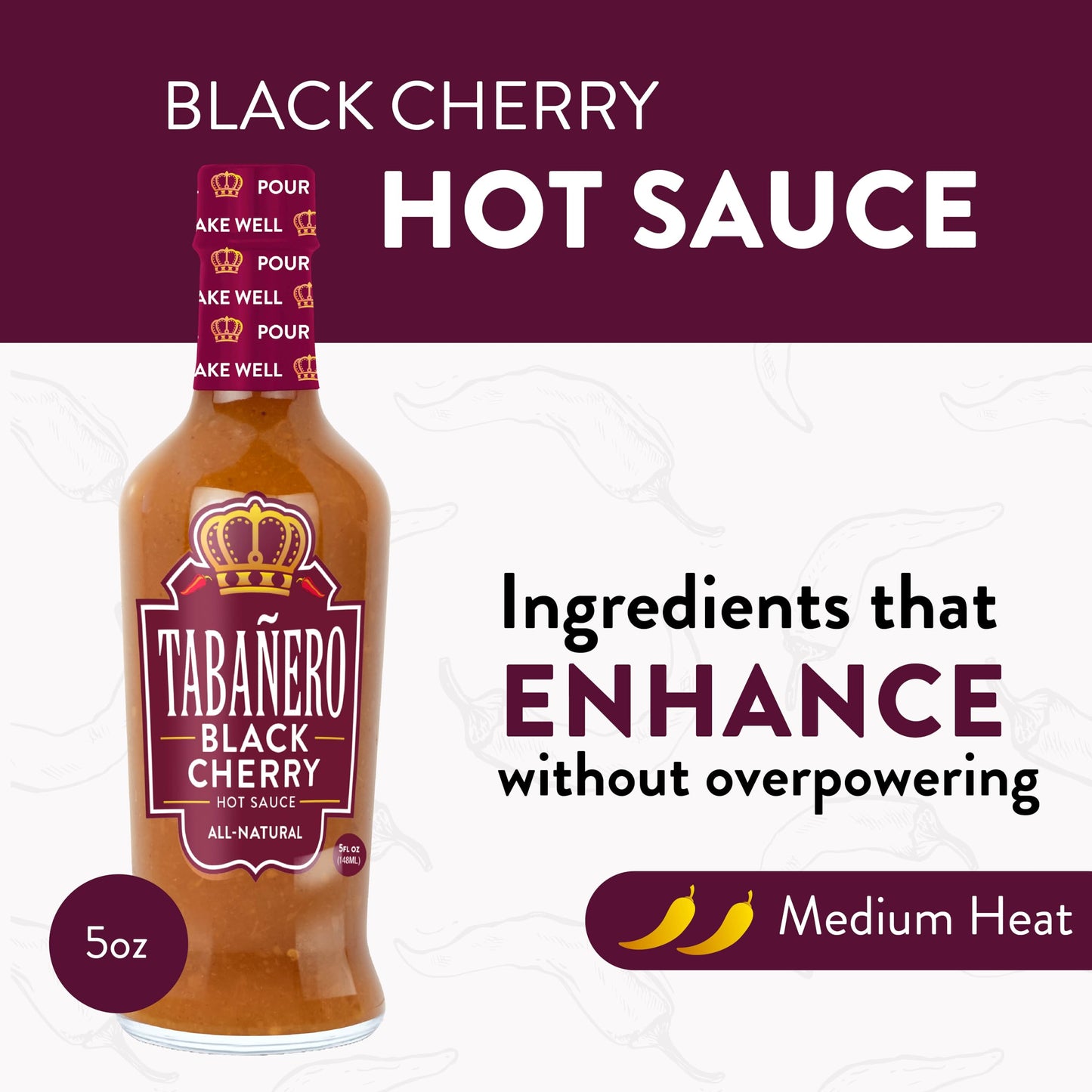 Tabanero Black Cherry Hot Sauce, All Natural, Gluten Free, Vegan, Kosher, 5 oz Bottle