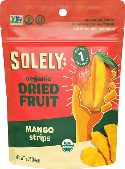 SOLELY - Organic Dried Mango Strips (5 oz Resealable Bags, Pack of 4) - Real Fresh Fruit - 1 Ingredient - Healthy Snacks for Adu