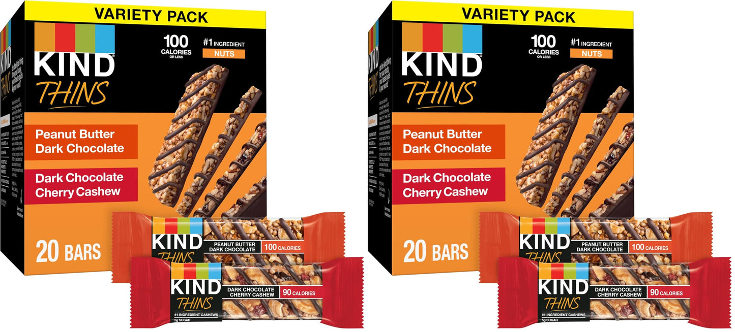 KIND Thins Variety Pack, Peanut Butter Dark Chocolate, Dark Chocolate Cherry Cashew, Healthy Snacks, Low Calorie, 20 Count (Pack