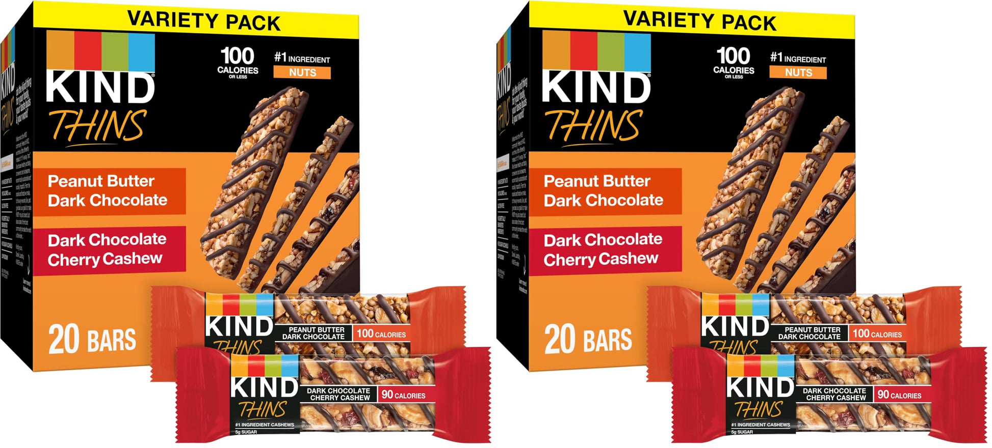 KIND Thins Variety Pack, Peanut Butter Dark Chocolate, Dark Chocolate Cherry Cashew, Healthy Snacks, Low Calorie, 20 Count (Pack