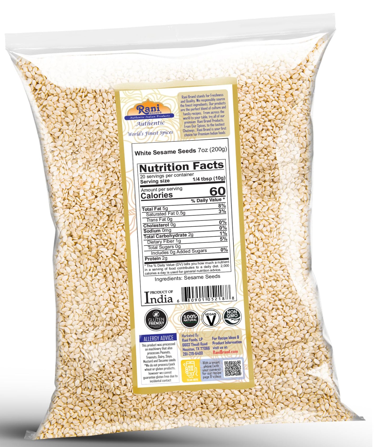 Rani Sesame Seeds Whole White, Hulled (Till) 7Oz (200Gm) ~ All Natural | Gluten Friendly | Non-Gmo | Kosher | Vegan | Indian Ori