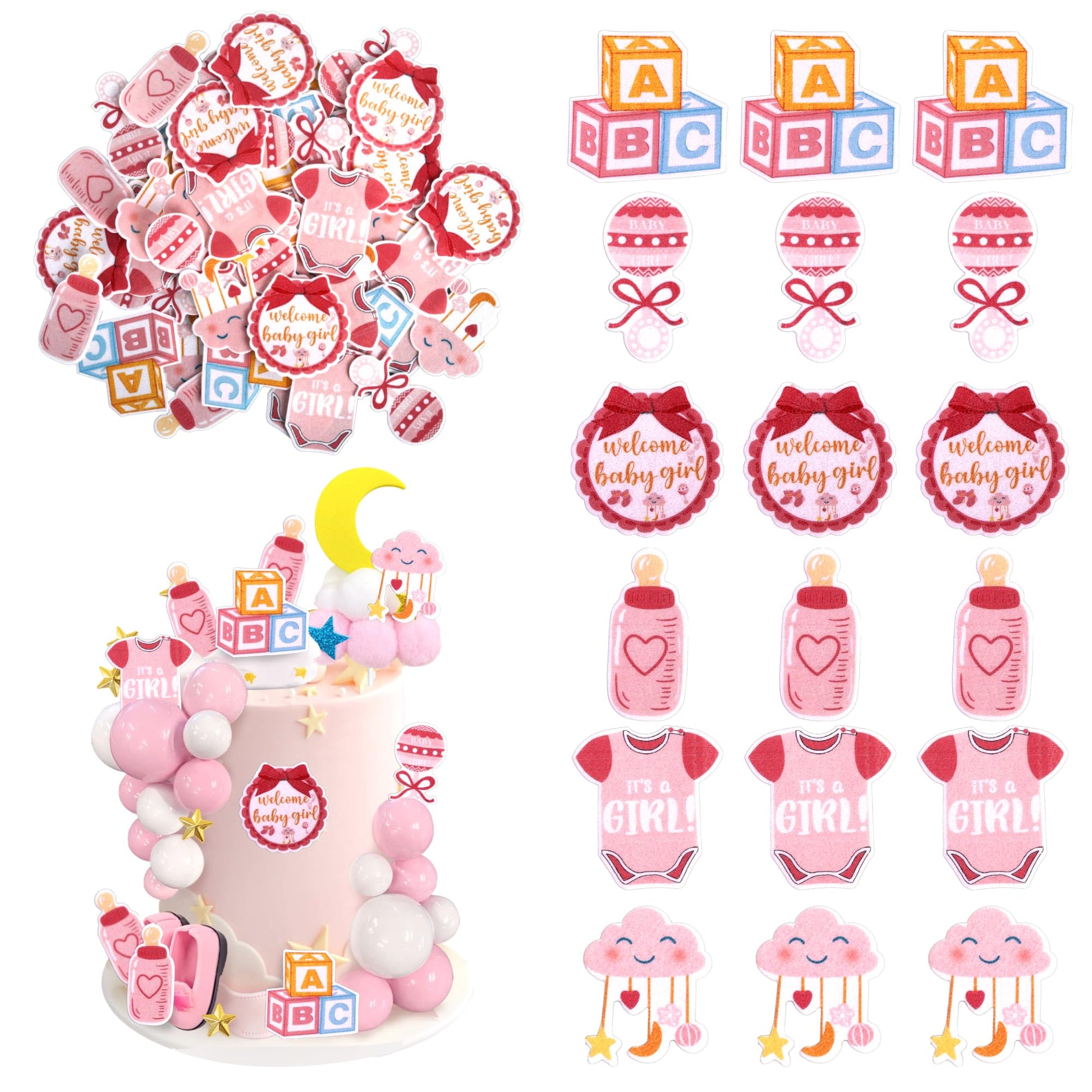 60 PCS Edible Oh Baby Cupcake Toppers Pacifier Cloud Moon Star Welcome Baby Girl Cupcake Picks Edible Baby Shower It's a Girl Ca