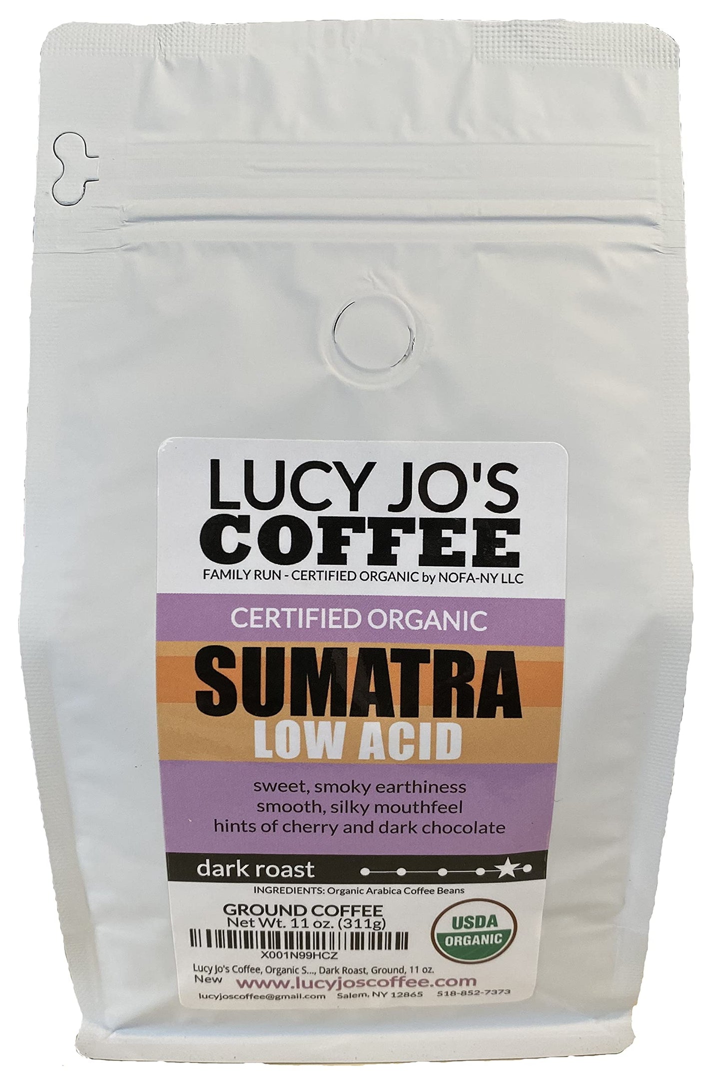 Lucy Jos Coffee Organic Sumatra Dark Roast Ground Coffee 11 oz Silver