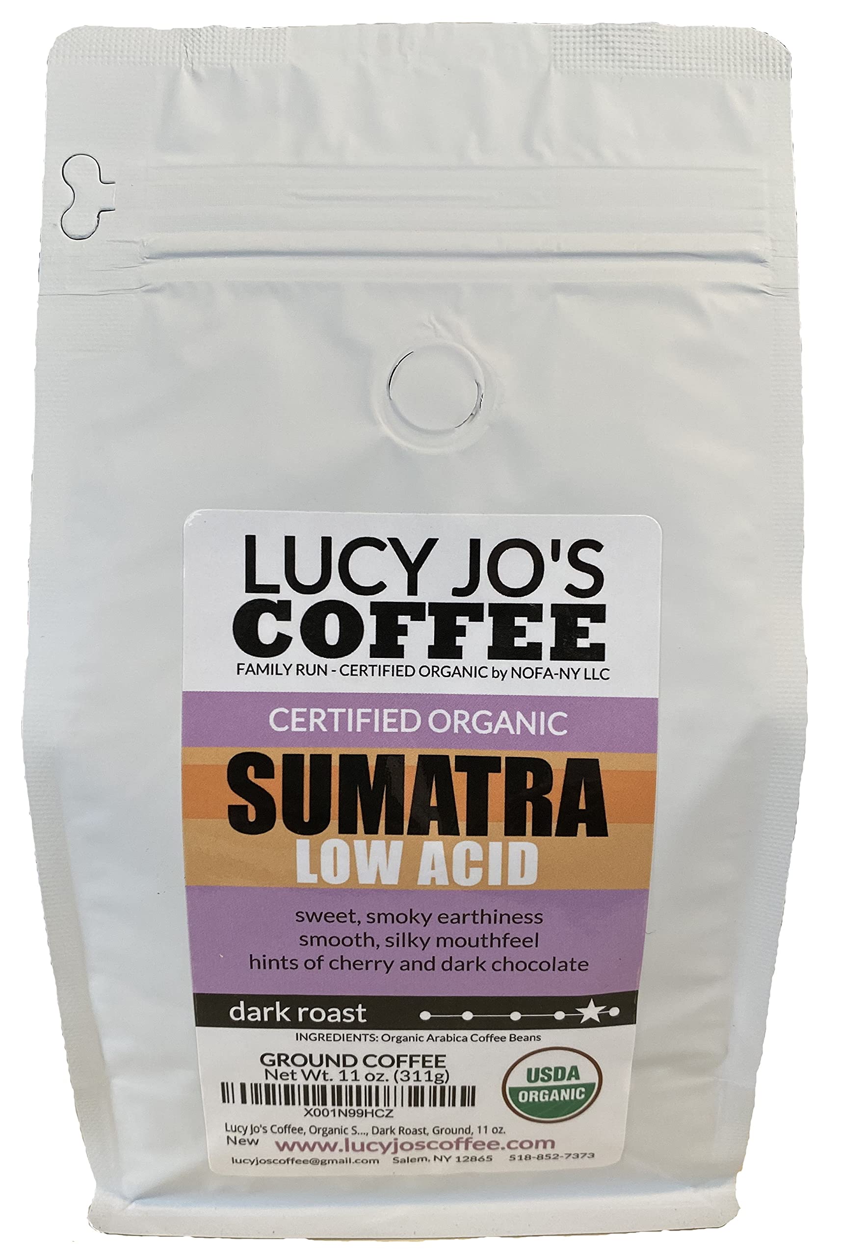 Lucy Jos Coffee Organic Sumatra Dark Roast Ground Coffee 11 oz Silver