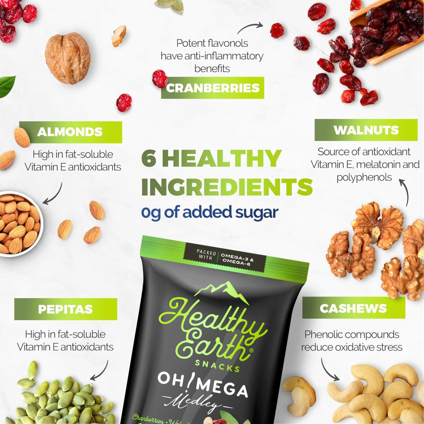 Healthy Earth Snacks 3 Flavors Variety Pack  24 Count | Mixed Nuts & Dried Fruits Gourmet Snacks  Gluten-Free | 8 Packets Per Flavor: Heart Smart Harvest  Feel Good Feast  & Oh! Mega Medley (816g)