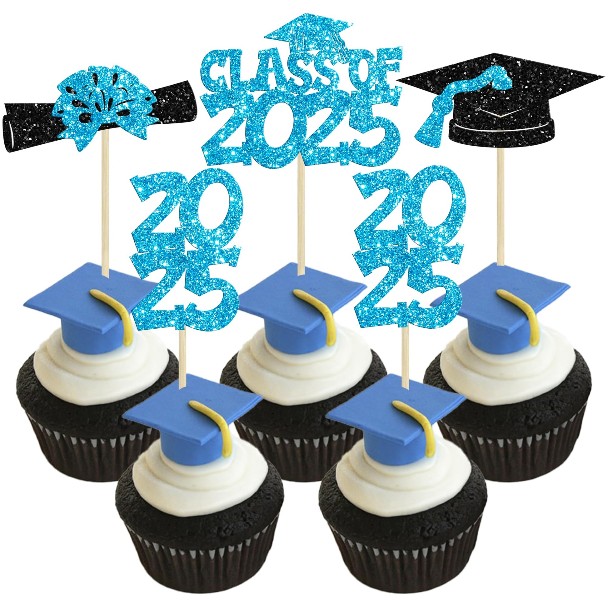 Ephlyn Graduation Cupcake Toppers, 36 Pcs, Glitter Class of 2025, Lake Blue, Diploma & Graduation Cap Picks for Party Decorations