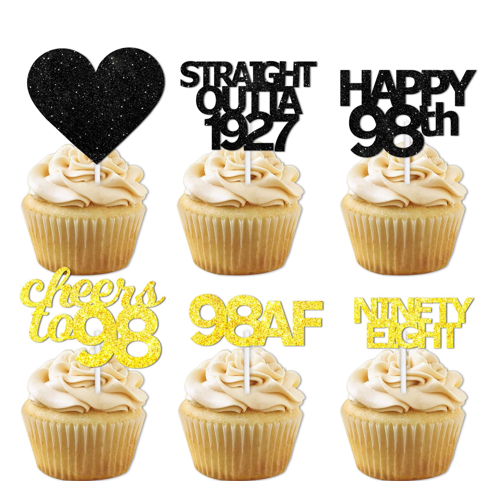 18pcs Black Gold Glitter Dessert Cupcake Pick for Straight Outta 1927 Cheer to 98 Years Old Theme Decor Supplies Happy 98th Birt