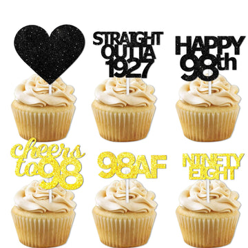18pcs Black Gold Glitter Dessert Cupcake Pick for Straight Outta 1927 Cheer to 98 Years Old Theme Decor Supplies Happy 98th Birt