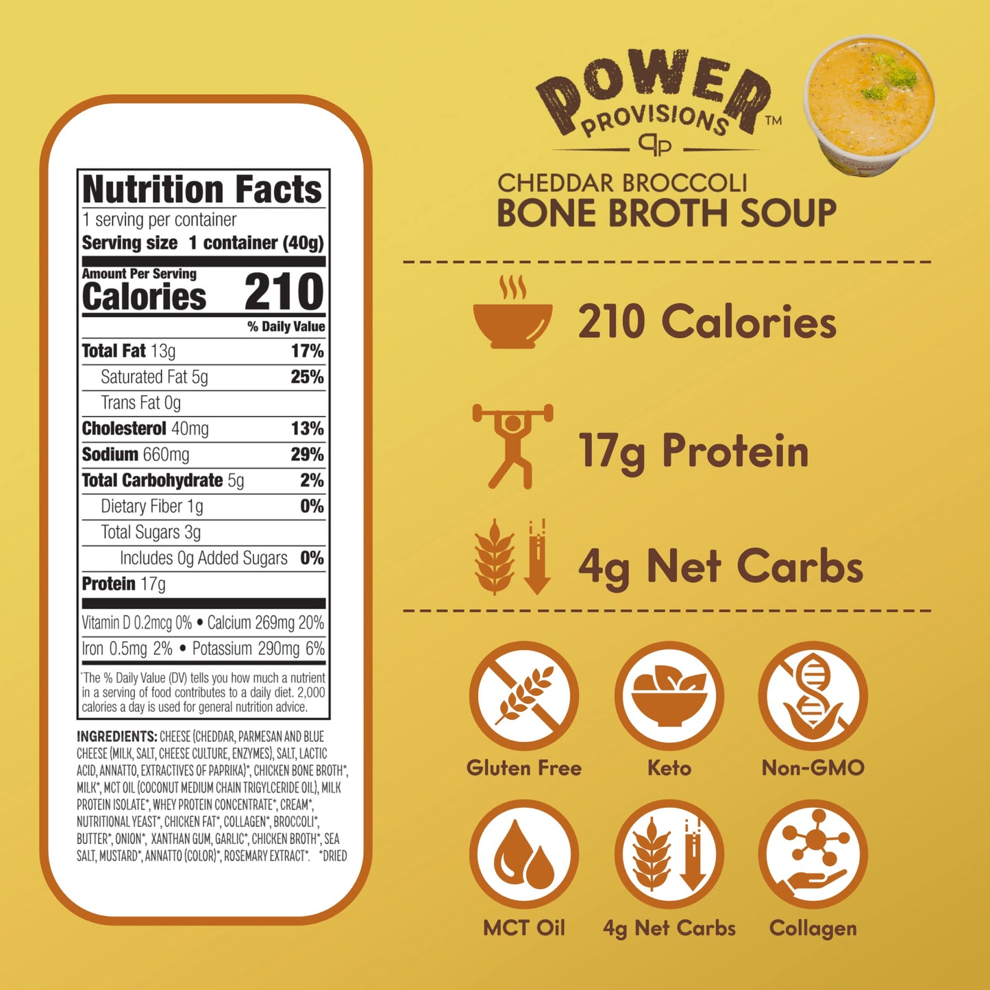 Power Provisions Cheddar Broccoli Bone Broth Soup Cups - Keto Instant Soup Cup - Collagen Infused With 17G Of Protein - Gluten-Free Soup - 1.4 Oz. - Pack Of 6