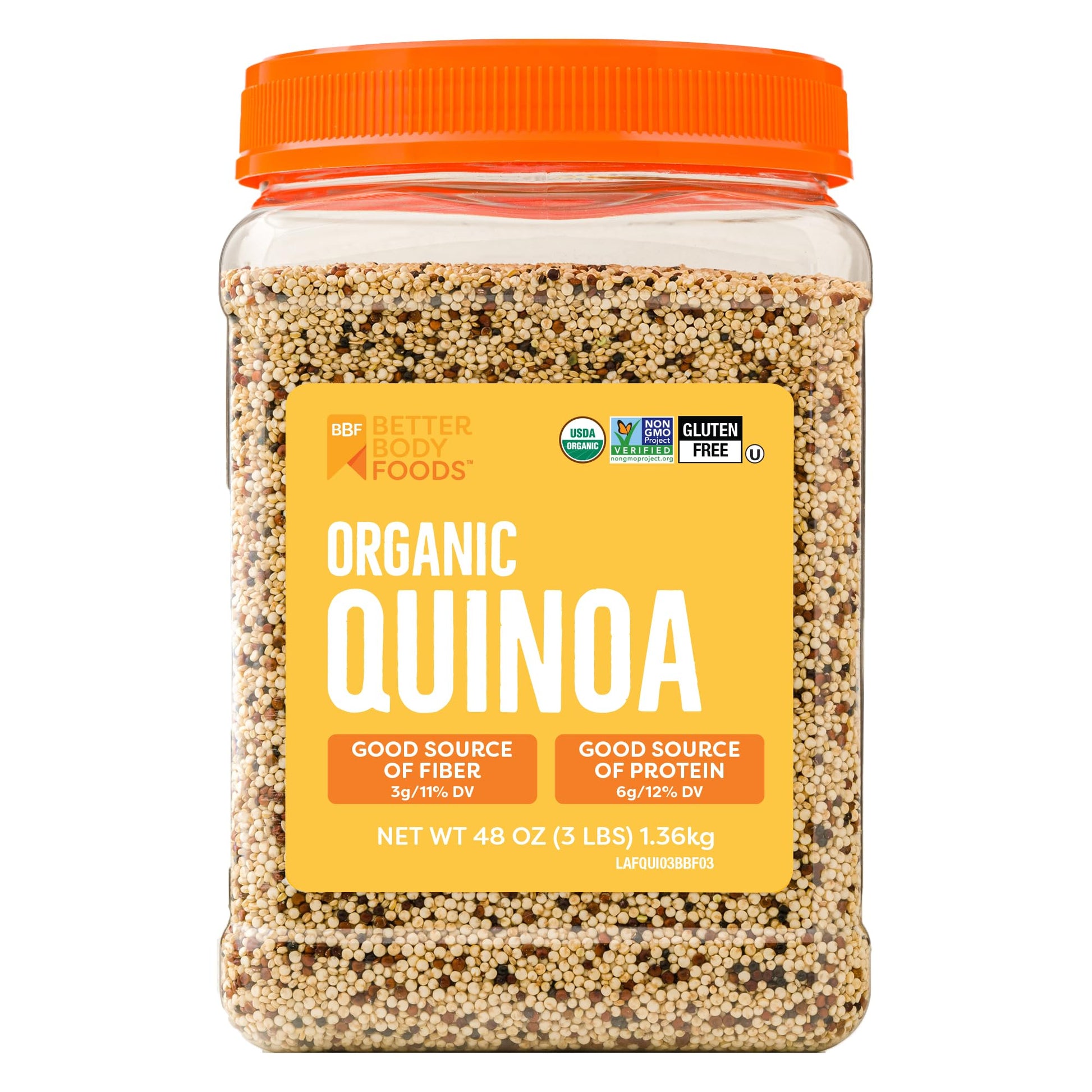 BetterBody Foods Organic Quinoa, Vegan, Gluten Free, Low Glycemic Rice Replacement, 3 Lb