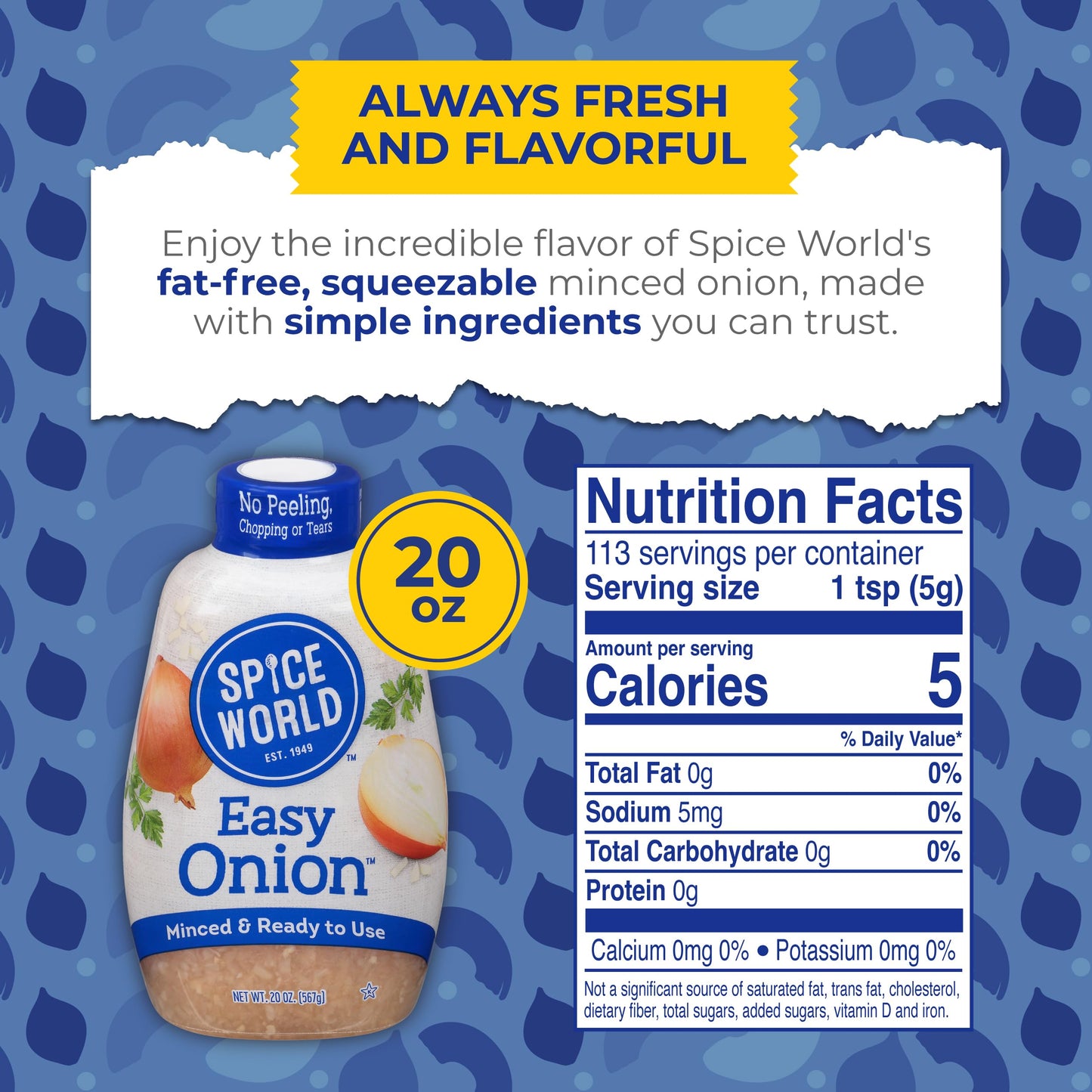 Spice World Squeezable Easy Onion - 20oz Ready-to-Use Minced Onion - Perfect for Hot Dogs, Stir Fry, Marinades, & More - Simply