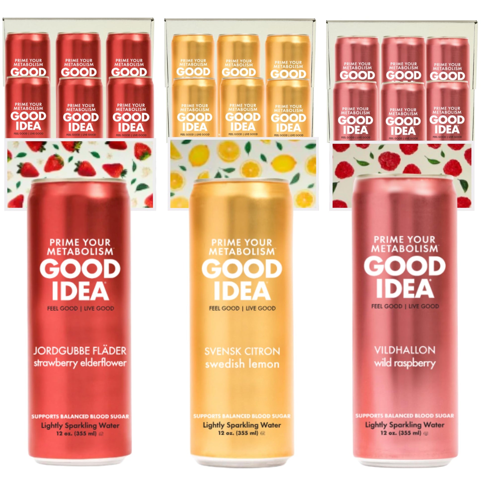 Good Idea Sparkling Water, Functional Beverage, No Caffeine, No Sugar, Variety Pack, 12 Fl Oz (Pack of 18), 3 Flavors