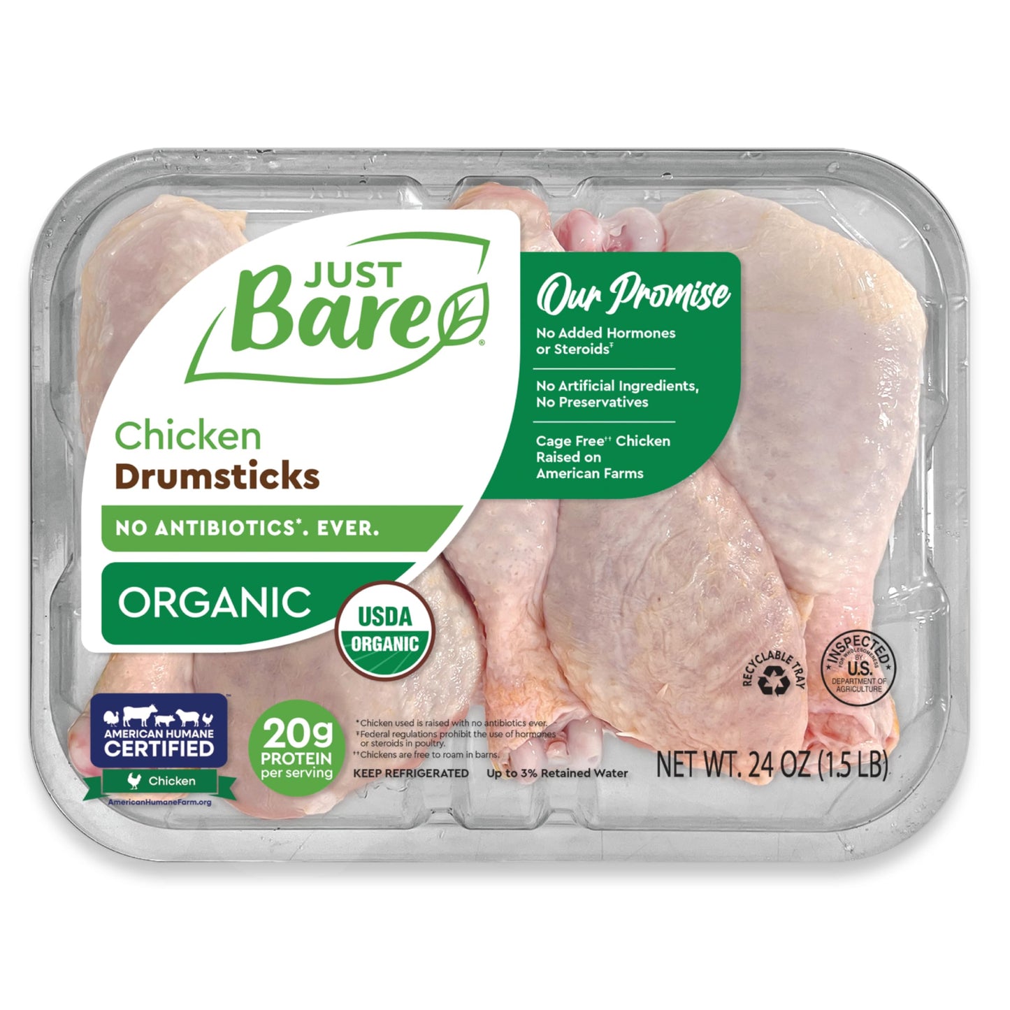 Just Bare Organic Fresh Chicken, Drumsticks, 1.5 lb