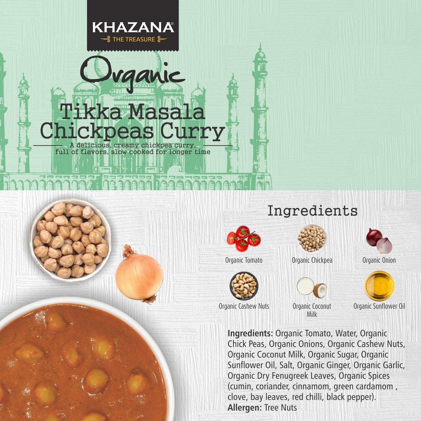 Khazana Organic Ready To Eat Meals - Tikka Masala Chickpeas Curry (Pack Of 6, 10Oz Pouches) - Non-Gmo, Vegan, Gluten Free & Kosh