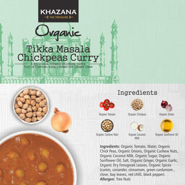 Khazana Organic Ready To Eat Meals - Tikka Masala Chickpeas Curry (Pack Of 6, 10Oz Pouches) - Non-Gmo, Vegan, Gluten Free & Kosh