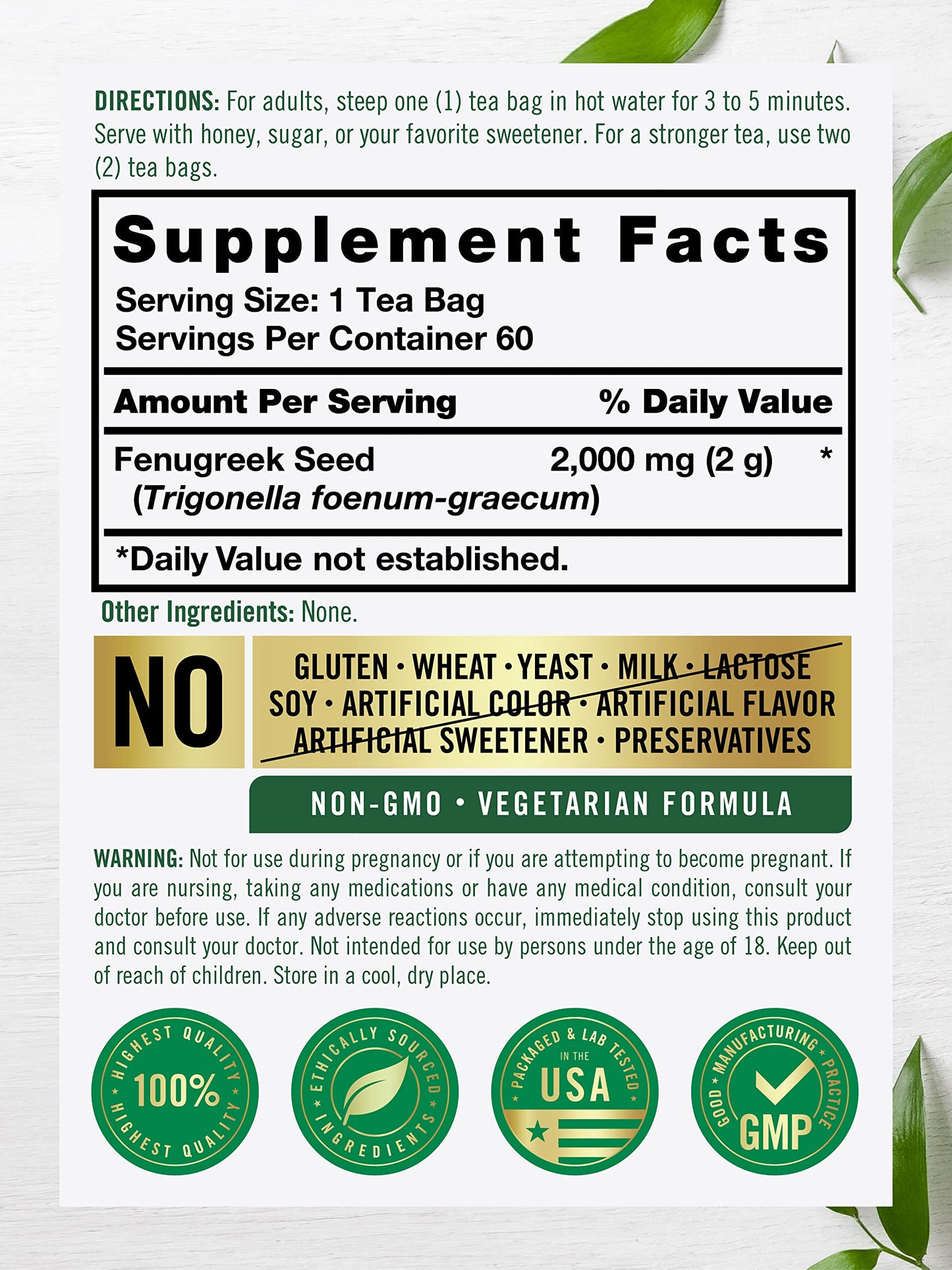 Carlyle Fenugreek Seed Tea - 60 Tea Bags, Caffeine-Free, Vegetarian, Non-GMO, Gluten-Free, Herbal dietary product, CL15042