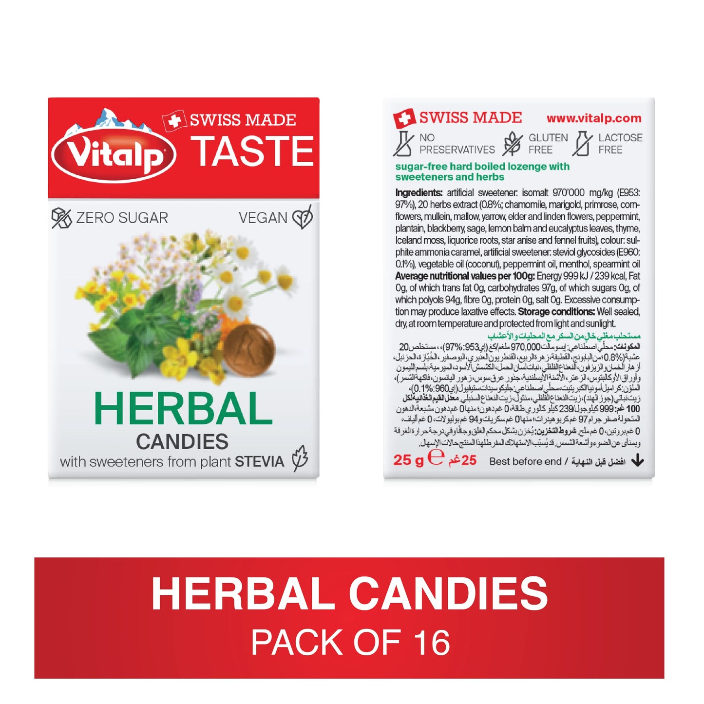 Vitalp Taste, Swiss Made, Sugar Free Candy With Stevia, Vegan, Herbal Flavor, 25G/0.88 Ounce Packs, 16 Boxes