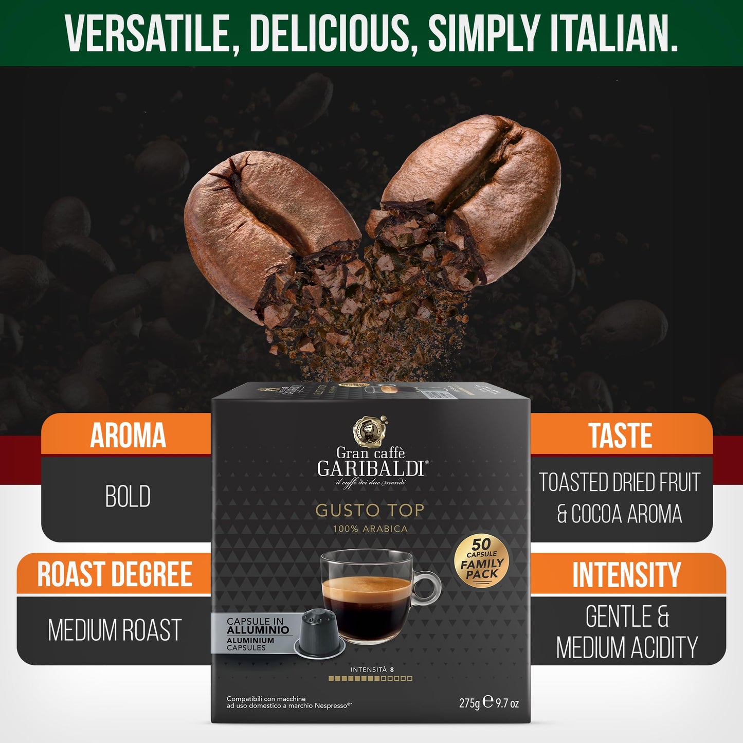Caffè Garibaldi Espresso Pods, 100% Arabica, Compatible with Nespresso Original, 200 Count, Aluminum, Cocoa Aroma