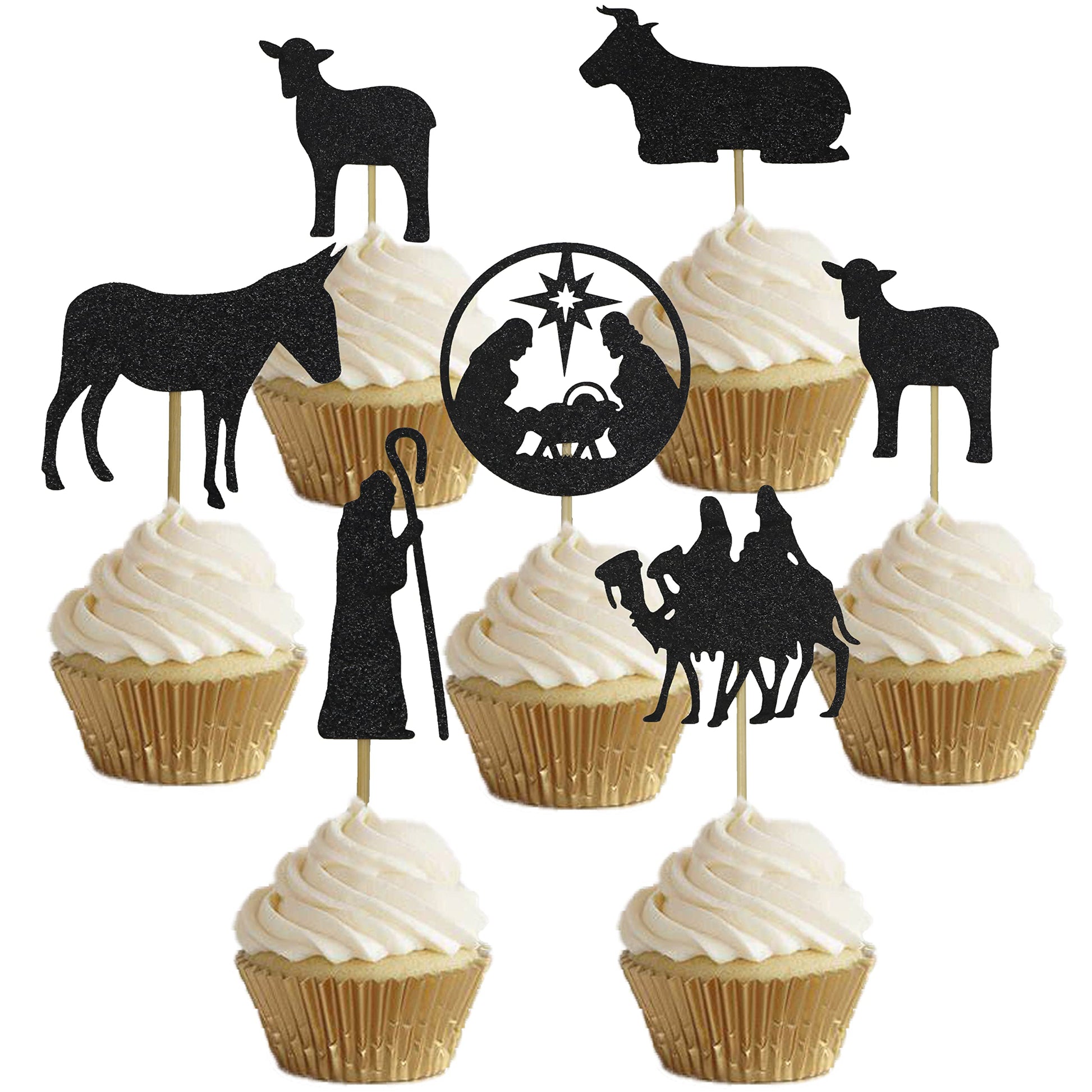 24Pcs Christmas Nativity Cupcake Toppers, Black Glitter Holy Nativity Cupcake Decoration, Christmas Jesus Decorations, Christmas