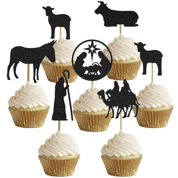 24Pcs Christmas Nativity Cupcake Toppers, Black Glitter Holy Nativity Cupcake Decoration, Christmas Jesus Decorations, Christmas