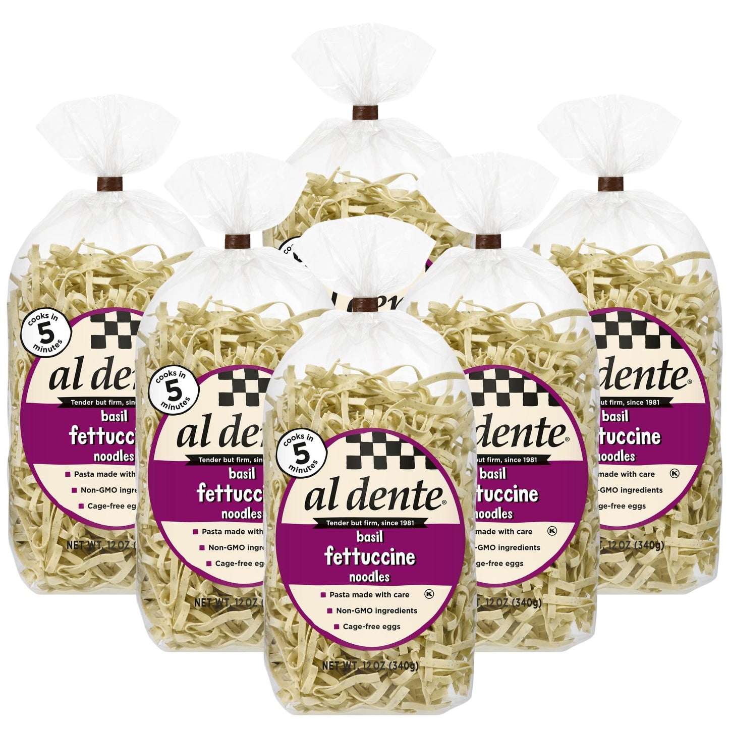 Al Dente Basil Fettuccine - All-Natural  Hand-Crafted Egg Pasta - Delicious And Versatile - Traditional Noodles Made With Cage-Free Eggs  Semolina  and Basil  12oz Bags (Pack of 6)