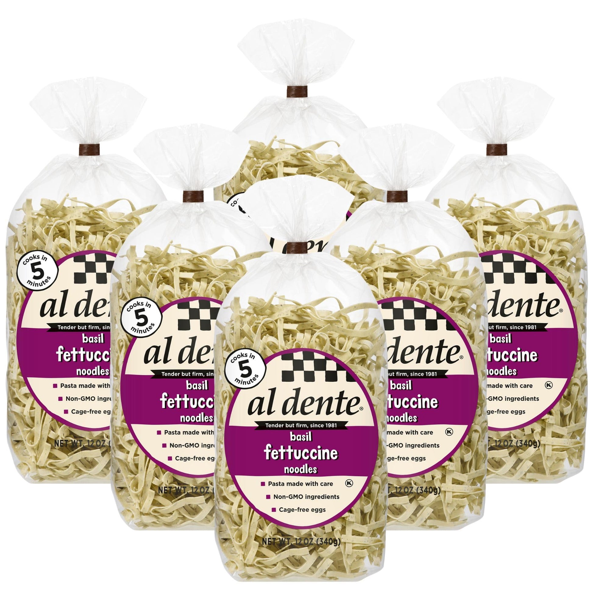 Al Dente Basil Fettuccine - All-Natural  Hand-Crafted Egg Pasta - Delicious And Versatile - Traditional Noodles Made With Cage-Free Eggs  Semolina  and Basil  12oz Bags (Pack of 6)