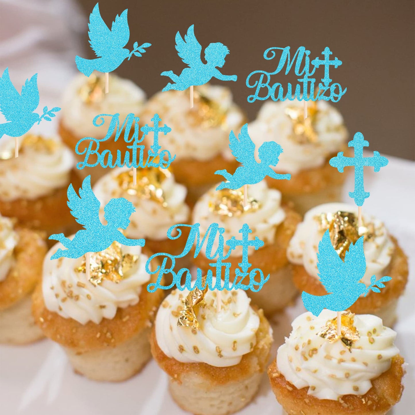 YCTHUNFISH Cupcake Toppers, 24 Pack, Bamboo, Glitter Cross, Blue, Religious Baptism/Party Decorations