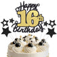 Happy 16th Birthday Cake Topper, Black and Gold Glitter Cake Toppers, 16 Year Birthday Party Cake Decoration