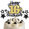Happy 16th Birthday Cake Topper, Black and Gold Glitter Cake Toppers, 16 Year Birthday Party Cake Decoration