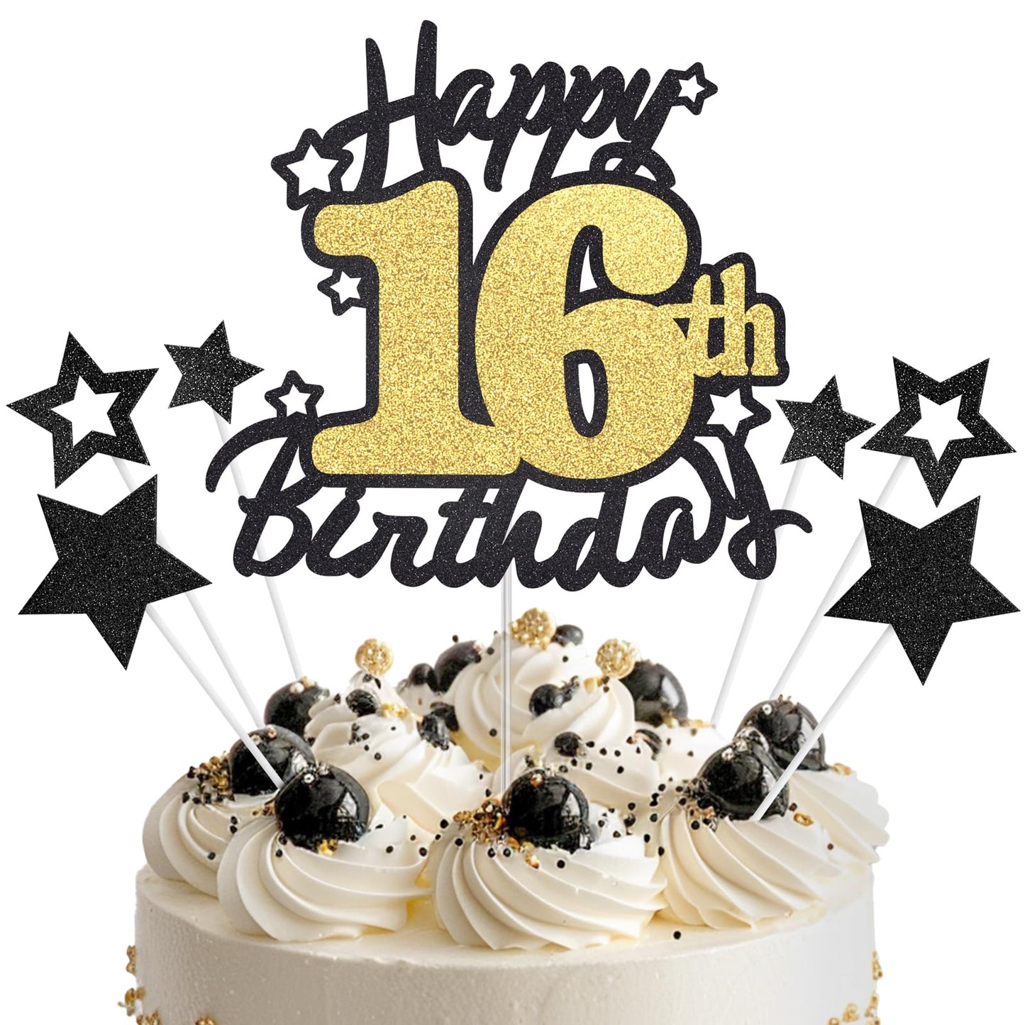 Happy 16th Birthday Cake Topper, Black and Gold Glitter Cake Toppers, 16 Year Birthday Party Cake Decoration