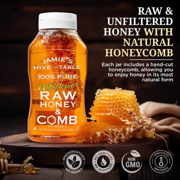 Jamies Hive To Table 100% Pure Wildflower Honey With Honeycomb, 24 Oz - Usa Made Raw & Unfiltered Honey - Fresh Edible Honeycomb