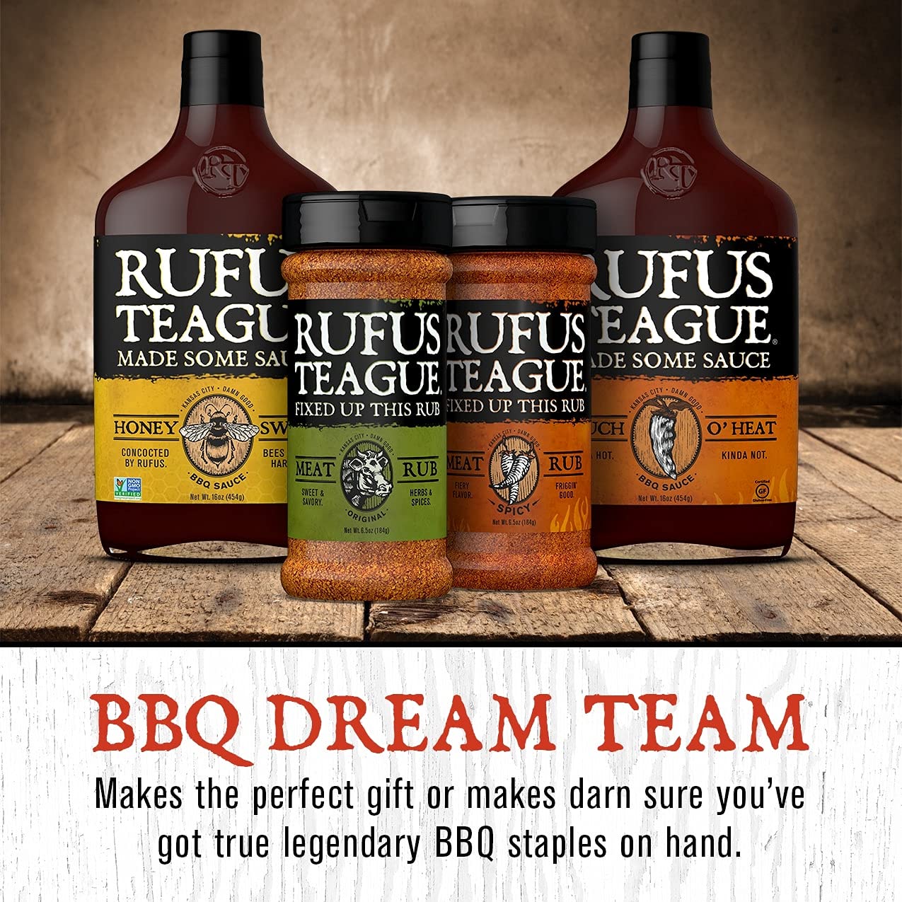 Rufus Teague Bbq Sauce & Rub 4-Piece Gift Set, Saucin' & Rubbin' Kit, Honey Sweet, Touch O' Heat, Spicy & Original Meat Rub, Gift For Grill Lovers