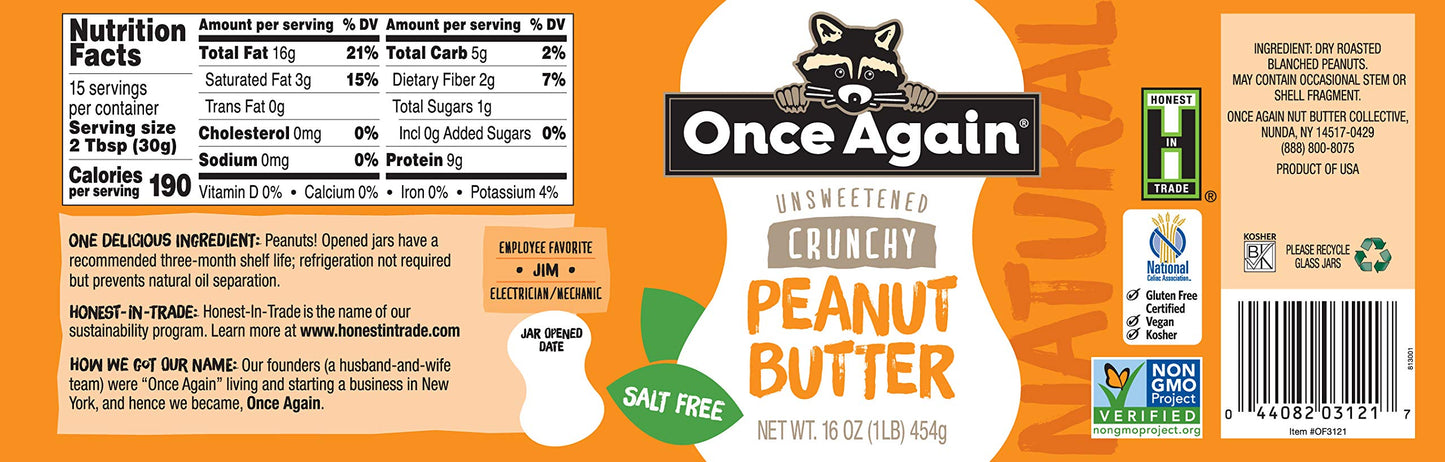 Once Again Natural, Crunchy Peanut Butter, 16Oz - Salt Free, Unsweetened - Gluten Free Certified, Vegan, Kosher, Non-Gmo Verifie