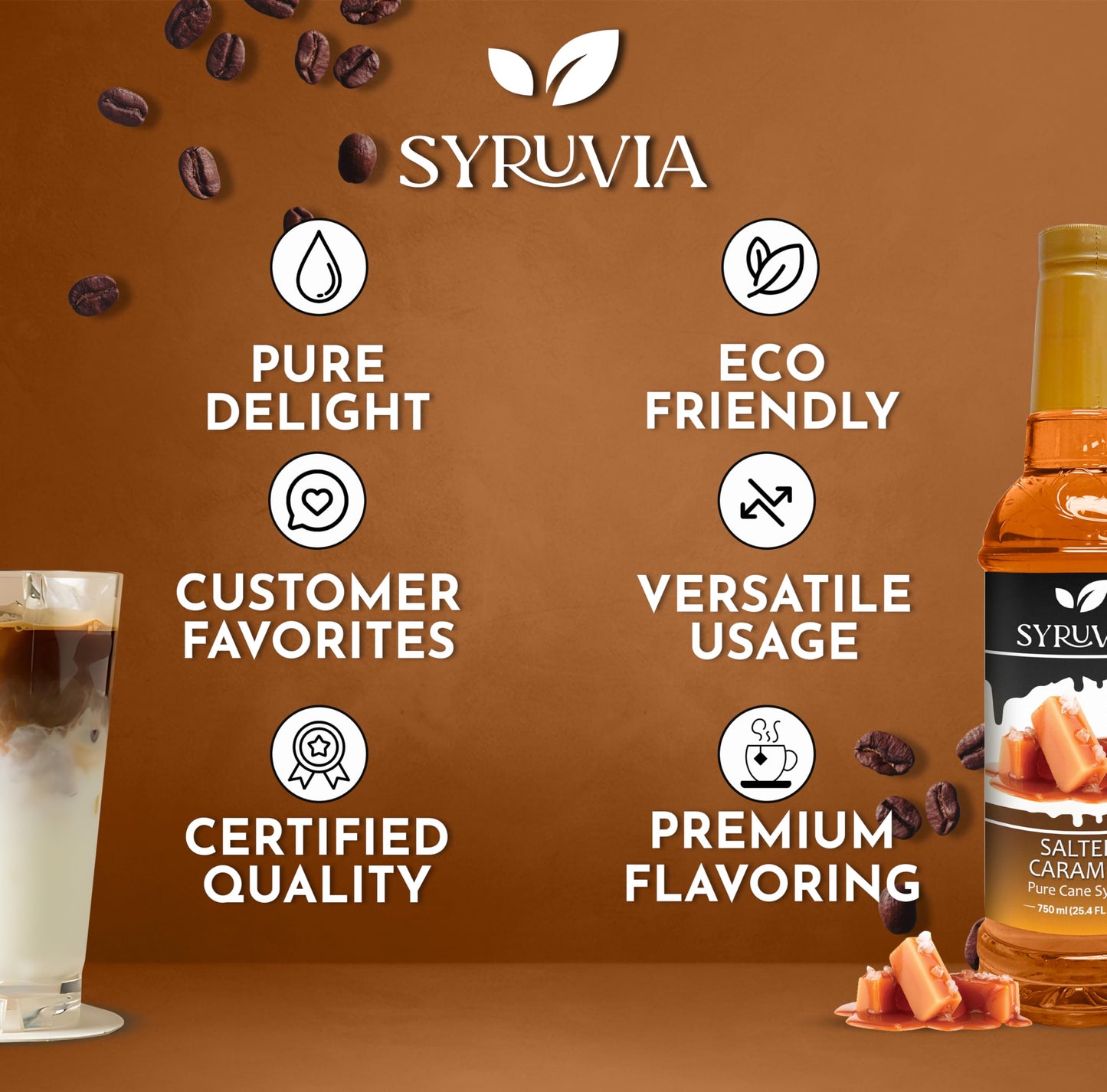 Syruvia Salted Caramel Syrup - Salted Caramel Coffee Syrup Flavor, 25.4 Fl Oz, Kosher, Gluten Free, Perfect For Coffee, Drinks,