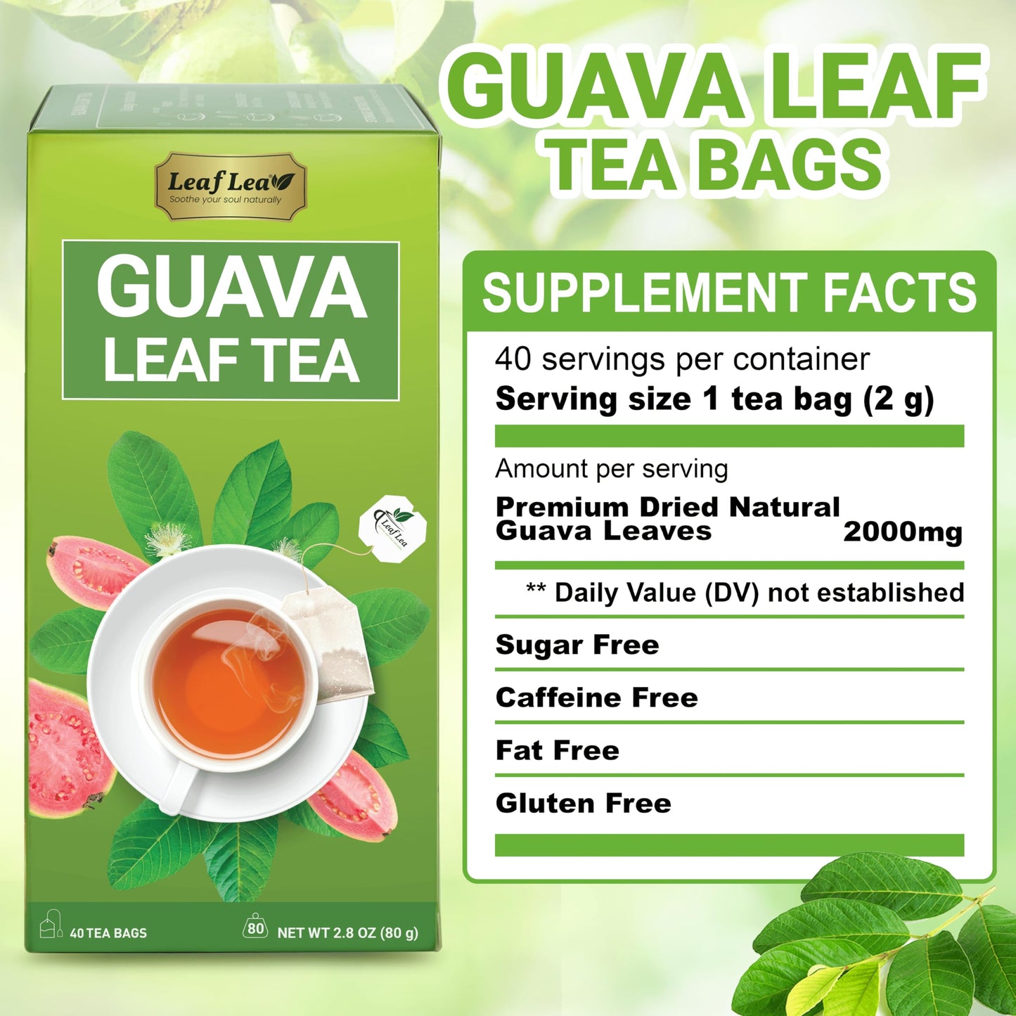 LeafLea Guava Leaf Tea, Herbal Tea, Caffeine-Free, 80 Tea Bags, Sugar-Free, Pack of 2