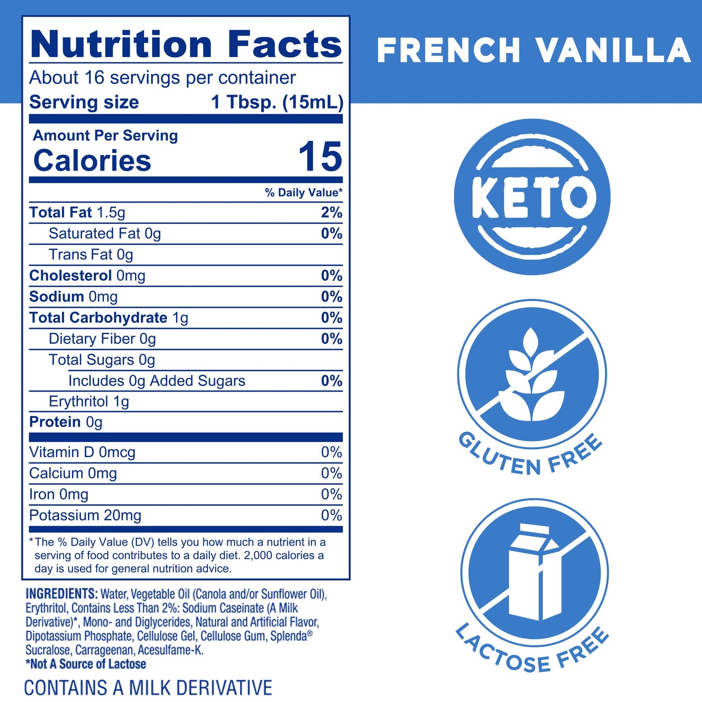 Splenda Sugar Free, Low Calorie French Vanilla Coffee Creamer, 8 Fl Ounces Bottle