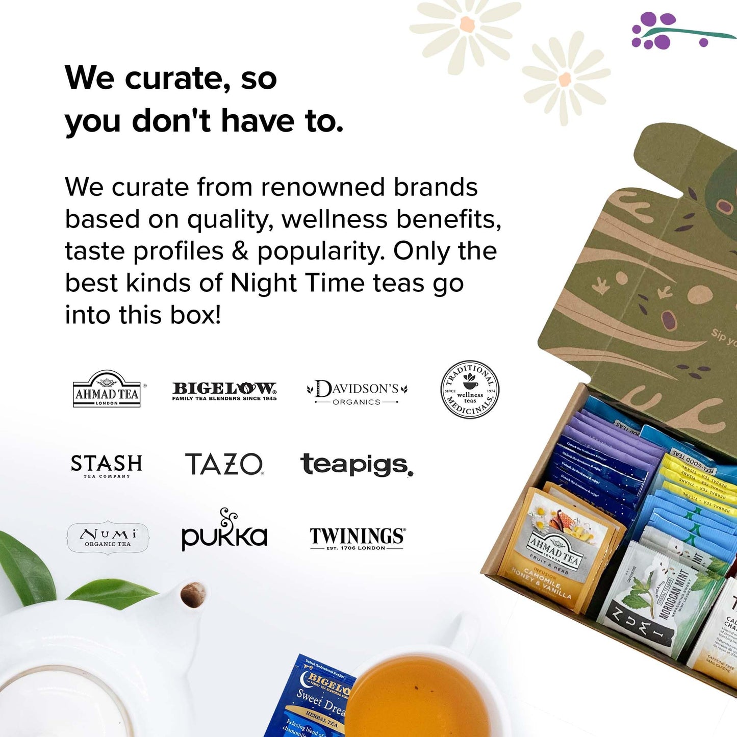 Sippingly Night Time Tea Sampler – 40 Herbal Teas, 10 Flavors, Relaxation Support, 50 Piece Set, Kosher, Gluten-Free