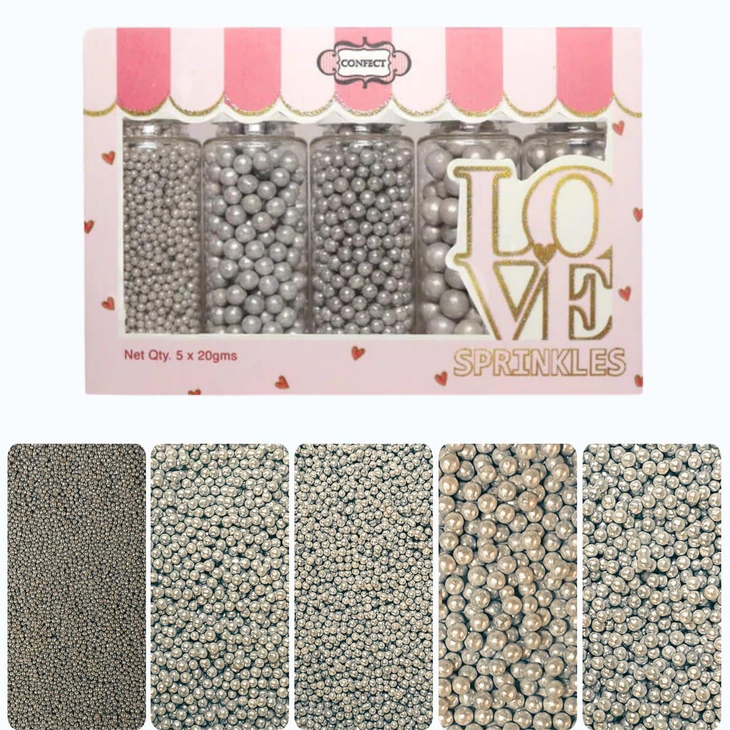 Confect Pearl Sprinkles | Assorted Pack Of 5 Shimmering Sliver Disco Ball Christmas, Birthday & Celebration Sprinkles | Mix Silver Pearl Dragees - Vegan, Gluten-Free, Nut-Free, Soy-Free, Dairy-Free, Palm Oil-Free, No Artificial Dyes - 5 Oz