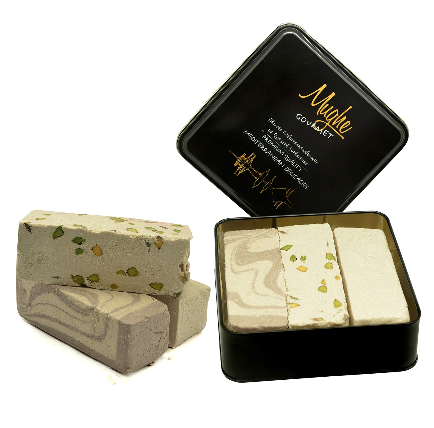 Mughe Gourmet Halvah Assortment 1.88lb (850g) Tin Gift Box - 3 Delicious Vegan Marble Tahini Halvah Bars Pistachio, Cocoa, Vanil