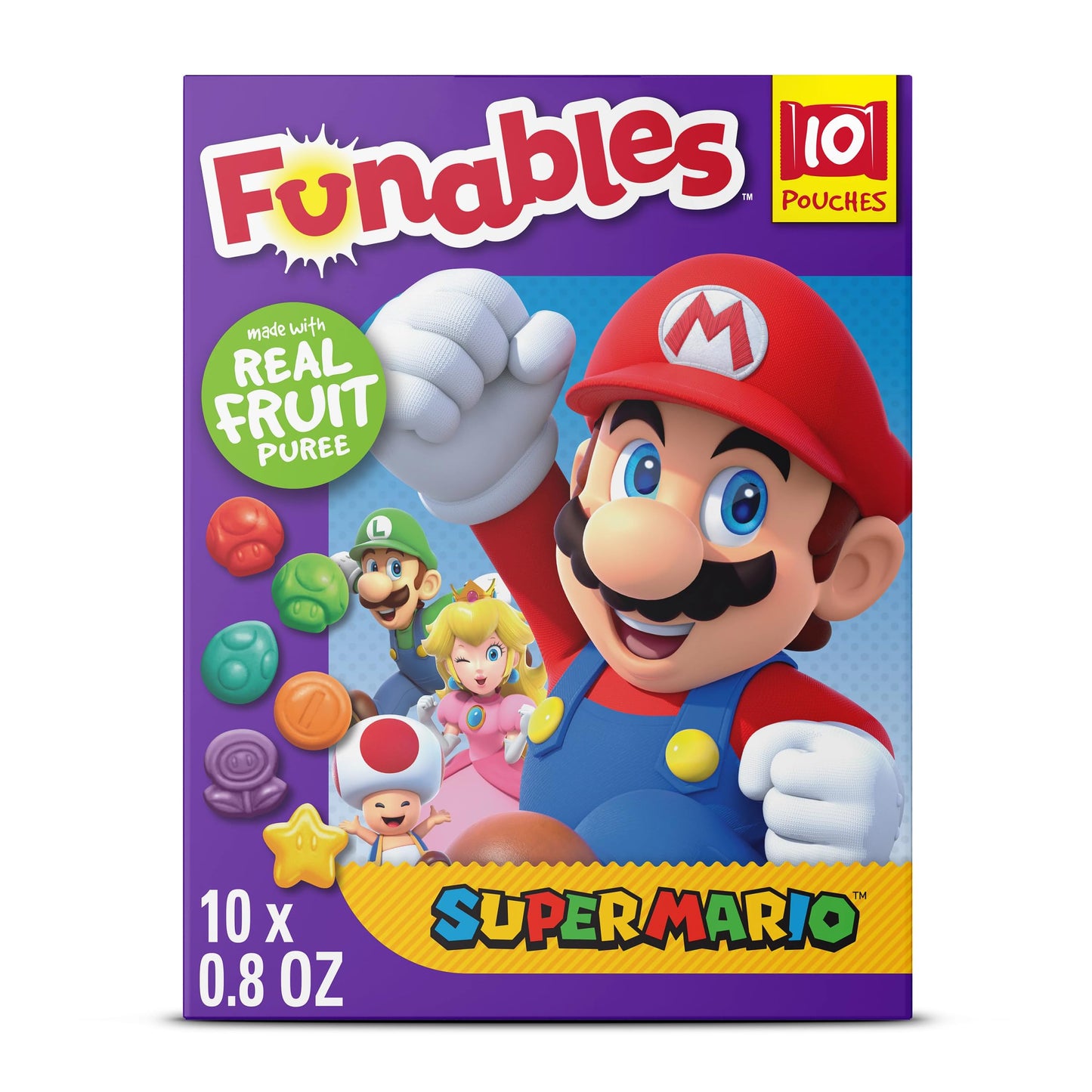 Funables Fruit Snacks, Super Mario Shaped Fruit Flavored Snacks, 0.8 Ounce Pouches (Pack Of 10)