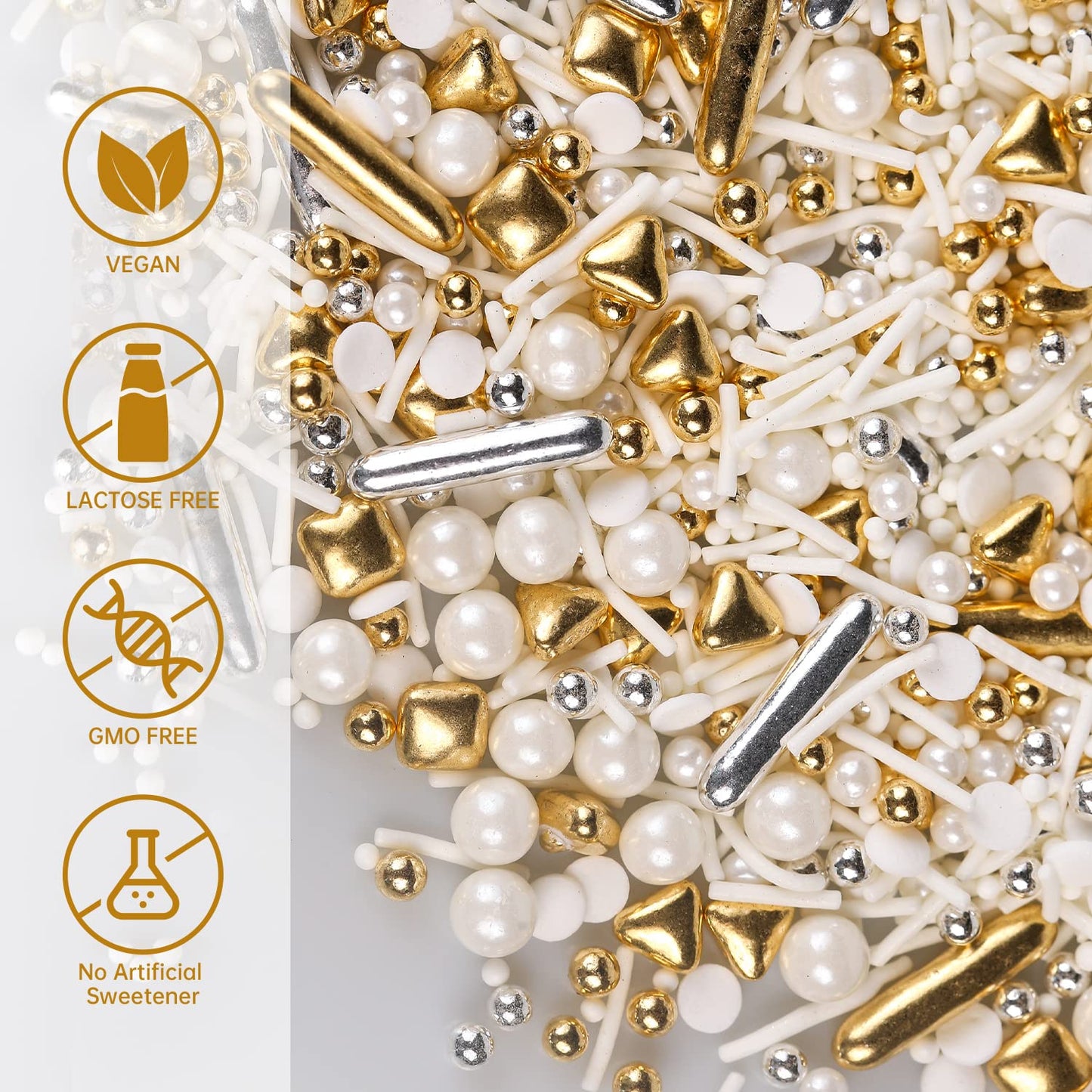 White Deluxe Gold Sprinkles For Cake Decorating 7Ounce - Gold Sugar Pearl Metallic Sprinkles For Cupcake Toppers, Ice Cream, Can