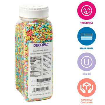 Decopac Quins Fancy Sprinkles, 19.5Oz, Candy Sprinkles In Handheld Container, Edible Sprinkles For Celebration Cakes, Cupcakes, Cookies - Celebration Confetti Quins, Multicolored - Red, Teal, Blue, Yellow And Green