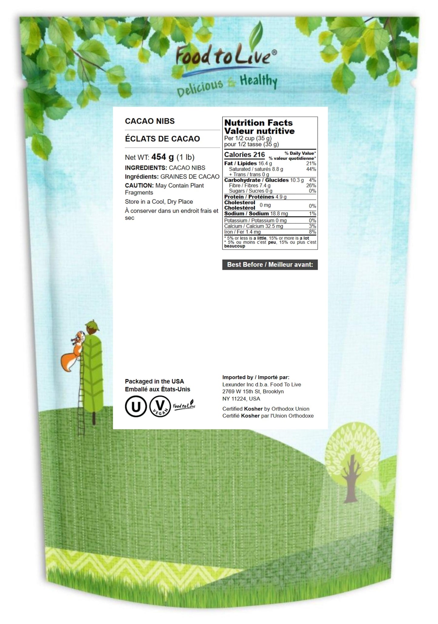 Food to Live Cacao Nibs, 1 Pound - Raw, Unsweetened, Kosher, Vegan, Keto and Paleo Friendly, Made from Antioxidant Rich Cacao Be